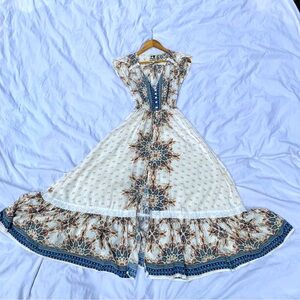 Summer Maxi Dress, Deep V neckline, Short Sleeve, Front Button up, Cinched waist